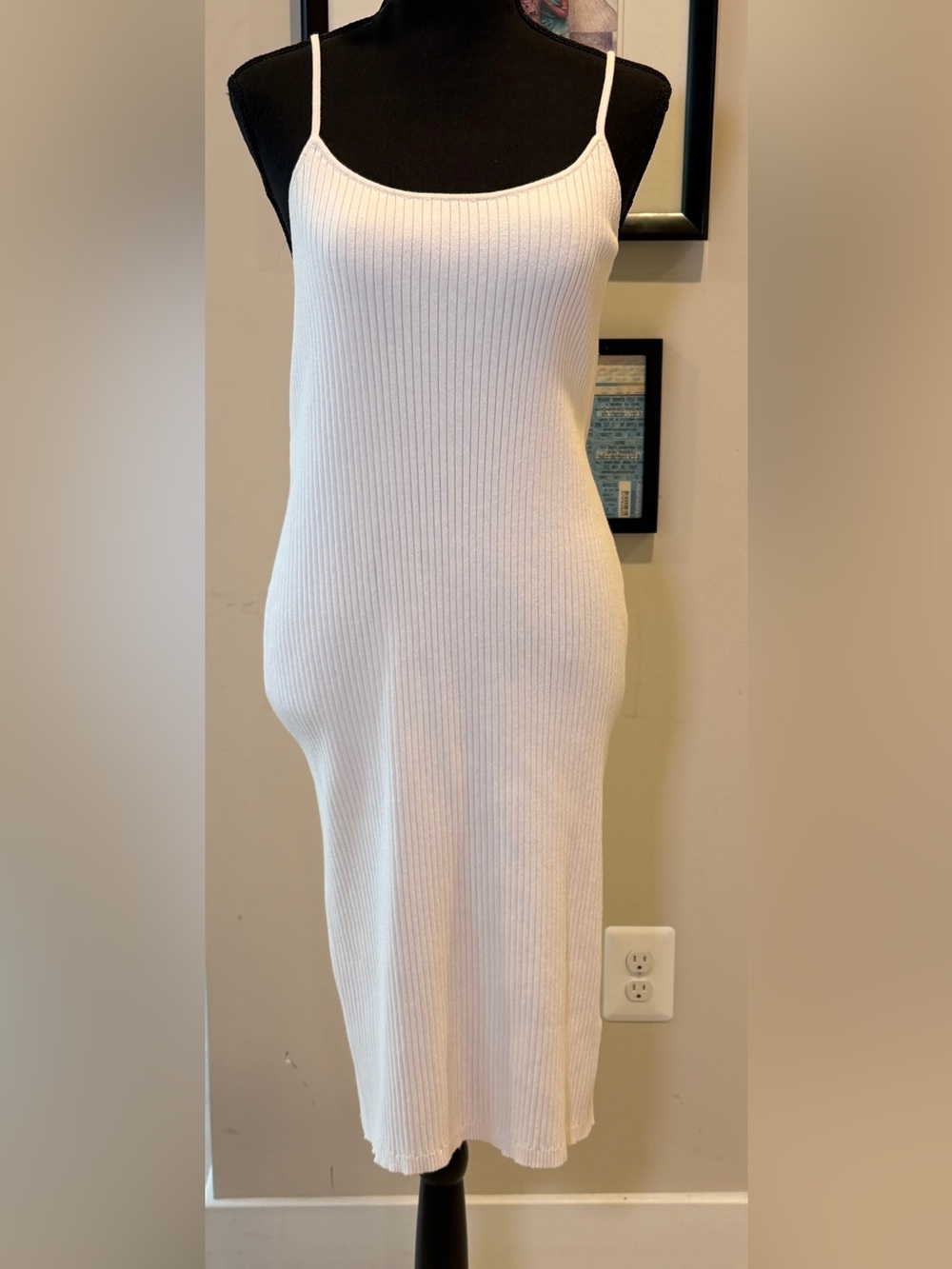 Banana Republic Off-White Ribbed Knit Spaghetti Strap Bodycon Midi Dress Medium